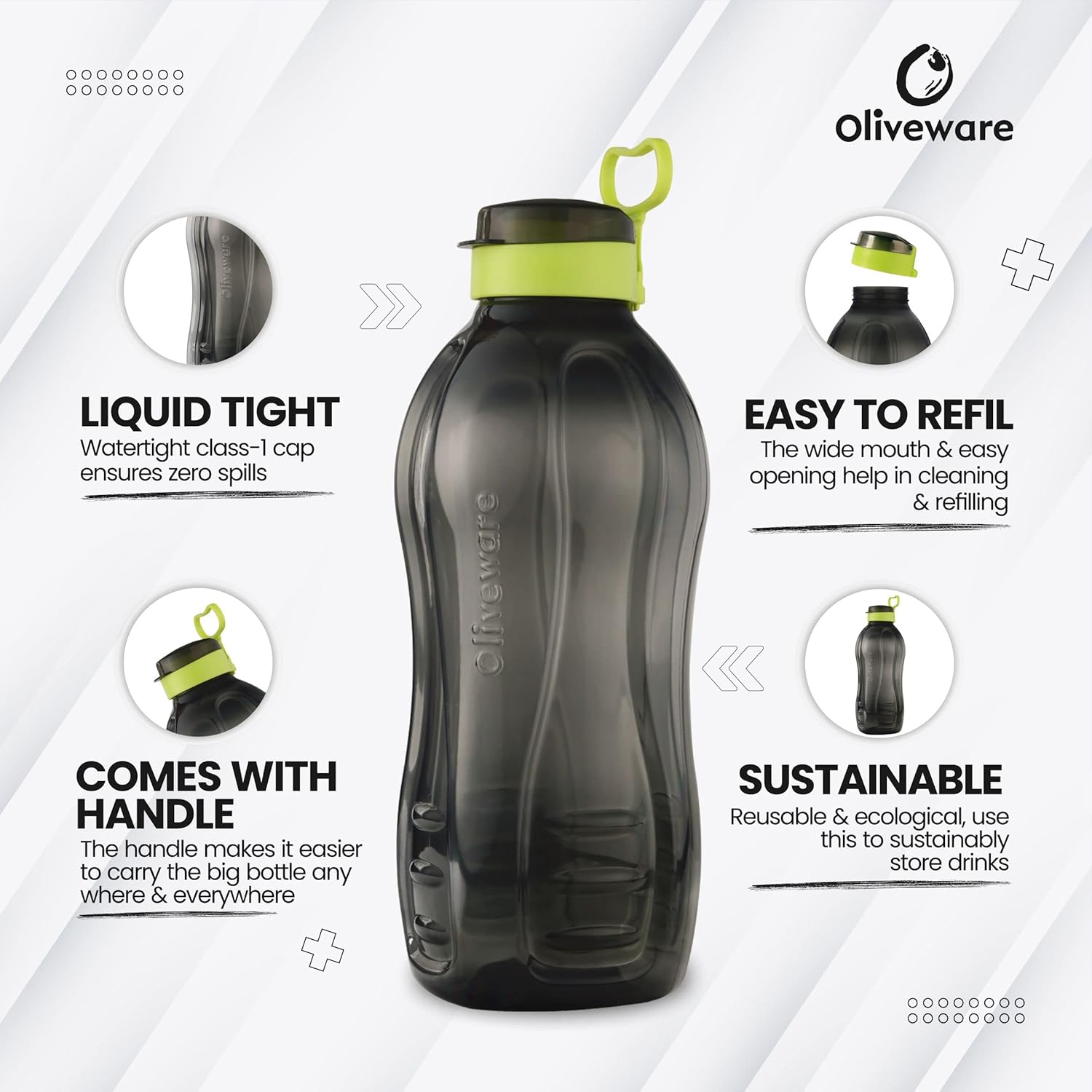 oliveware Jumbo 2 Litre Water Bottle, 100% Leak Proof, BPA Free Premium Plastic Bottle, for Home, Office & Gym, Sturdy with Holder - Pack of 1 (Black_Green)