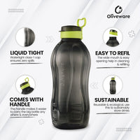 oliveware Jumbo 2 Litre Water Bottle, 100% Leak Proof, BPA Free Premium Plastic Bottle, for Home, Office & Gym, Sturdy with Holder - Pack of 1 (Black_Green)