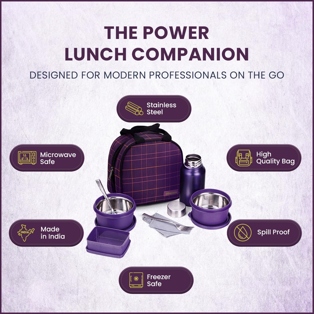 Oliveware Octavia Lunchbox, Steel Cutlery & Napkin, Microwave & Freezer Safe, 2 Inside Steel containers (2x450ml), Plastic Pickle Box (130ml), Steel Bottle (450ml), Fabric Bag - Voilet