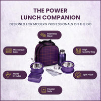 Oliveware Octavia Lunchbox, Steel Cutlery & Napkin, Microwave & Freezer Safe, 2 Inside Steel containers (2x450ml), Plastic Pickle Box (130ml), Steel Bottle (450ml), Fabric Bag - Voilet