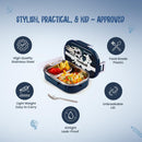 Oliveware Snacky Kids Lunch Box, Stainless Steel in 700ml Include Sabzi Container(180ml) & Steel Spoon, Food Grade BPA Free, Leak Proof & Colourful Designs (BlueFire)