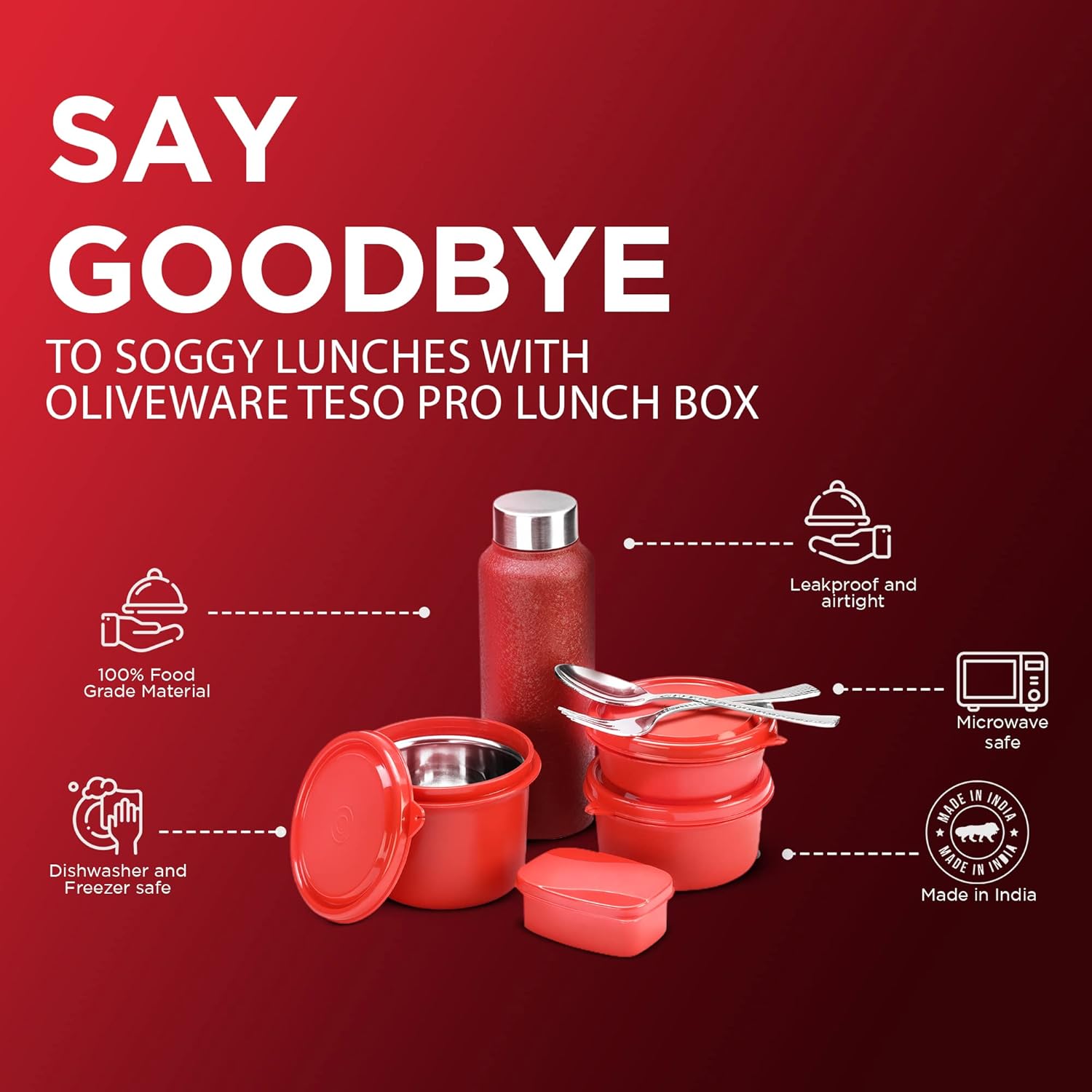 SOPL-OLIVEWARE Teso Pro Lunch Box With Steel Cutlery,3 Microwave Safe Inner Steel Containers With Bpa Free Lids(290Ml,450Ml&600Ml)Plastic Pickle Box(130Ml)Steel Water Bottle(750Ml)-Red,1470 Ml