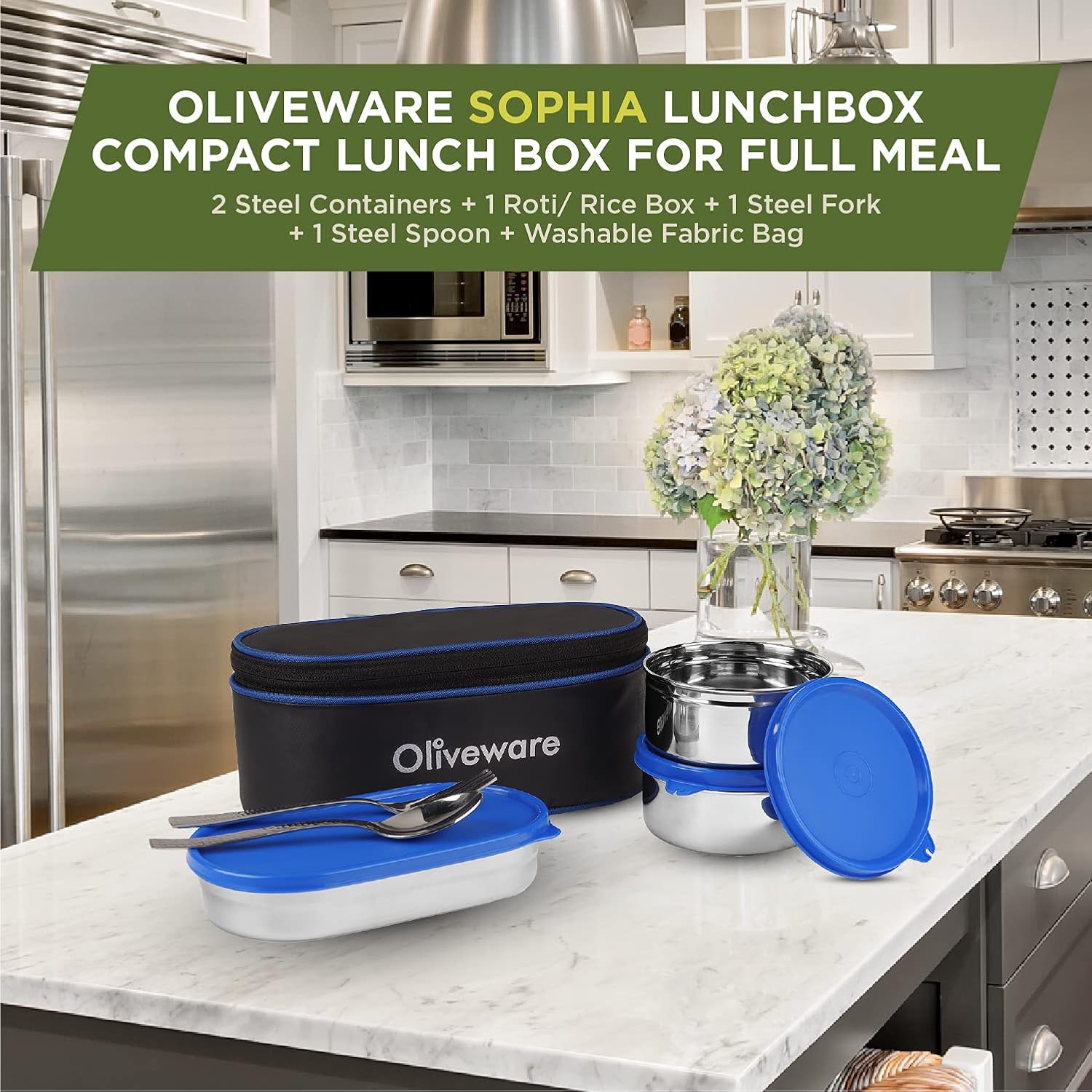 SOPL-OLIVEWARE Sophia Stainless Steel Lunch Box, Spoon & Fork, 100% Leak Proof, 3 Container with BPA Free Lid (350ml, 350ml, 550ml), Insulated Fabric Bag - Blue
