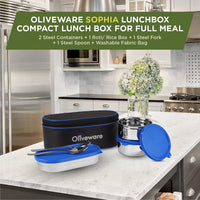 SOPL-OLIVEWARE Sophia Stainless Steel Lunch Box, Spoon & Fork, 100% Leak Proof, 3 Container with BPA Free Lid (350ml, 350ml, 550ml), Insulated Fabric Bag - Blue