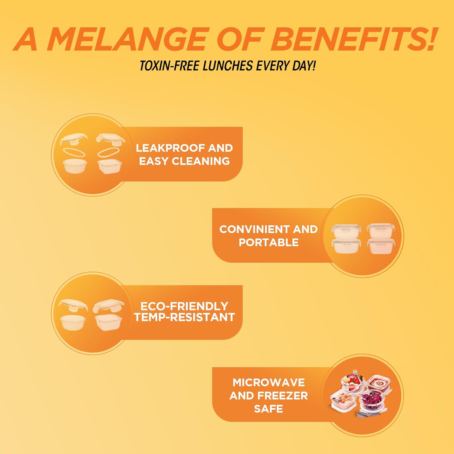 SOPL-OLIVEWARE Musk Glassware Lunchbox with Napkin & Steel Cutlery, Borosilicate Glass & Microwave Proof, Safety Lock Airtight Square Tiffin, 4 Container (2 * 320ml & 2 * 400ml) - Black&Orange