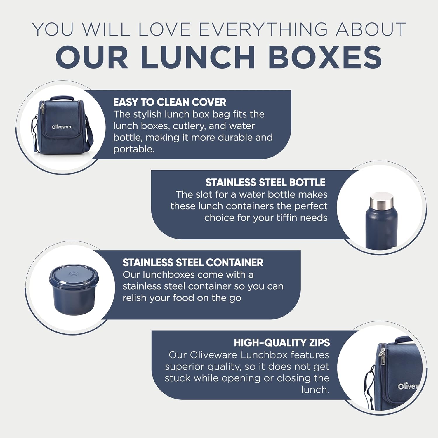 SOPL-OLIVEWARE Teso Elite Pro Lunch Box with Steel Cutlery, BPA free Lids, 3 Microwave Safe Inside Steel Containers (290ml, 450ml & 600ml), Plastic Pickle Box (130ml), Steel Water Bottle(750ml) - Blue