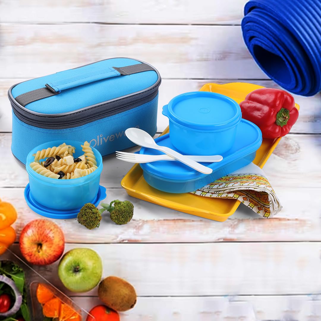 oliveware Double Decker Lunch Box Tiffin, 3 Containers with Plastic Spoon & Fork (300ml, 300ml & 450ml), 100% Leak Proof & BPA Free - Blue