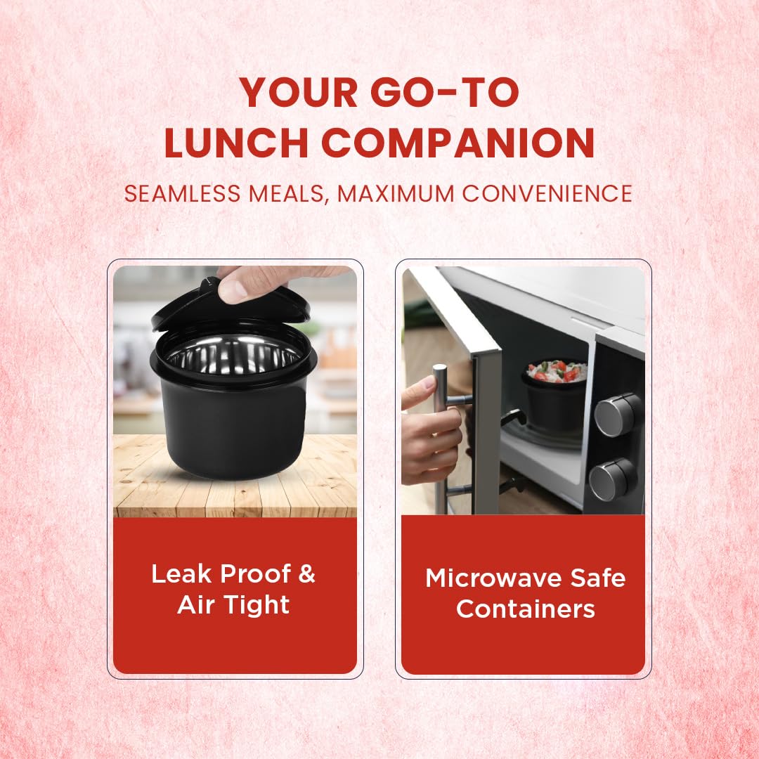 oliveware Groove Lunch Box, Microwave Safe and Leak Proof, 3 Inner Steel Containers with BPA Free Airtight Lid (2 * 290ml & 450ml), Plastic Tumbler (450ml), Plastic Cutlery - Red