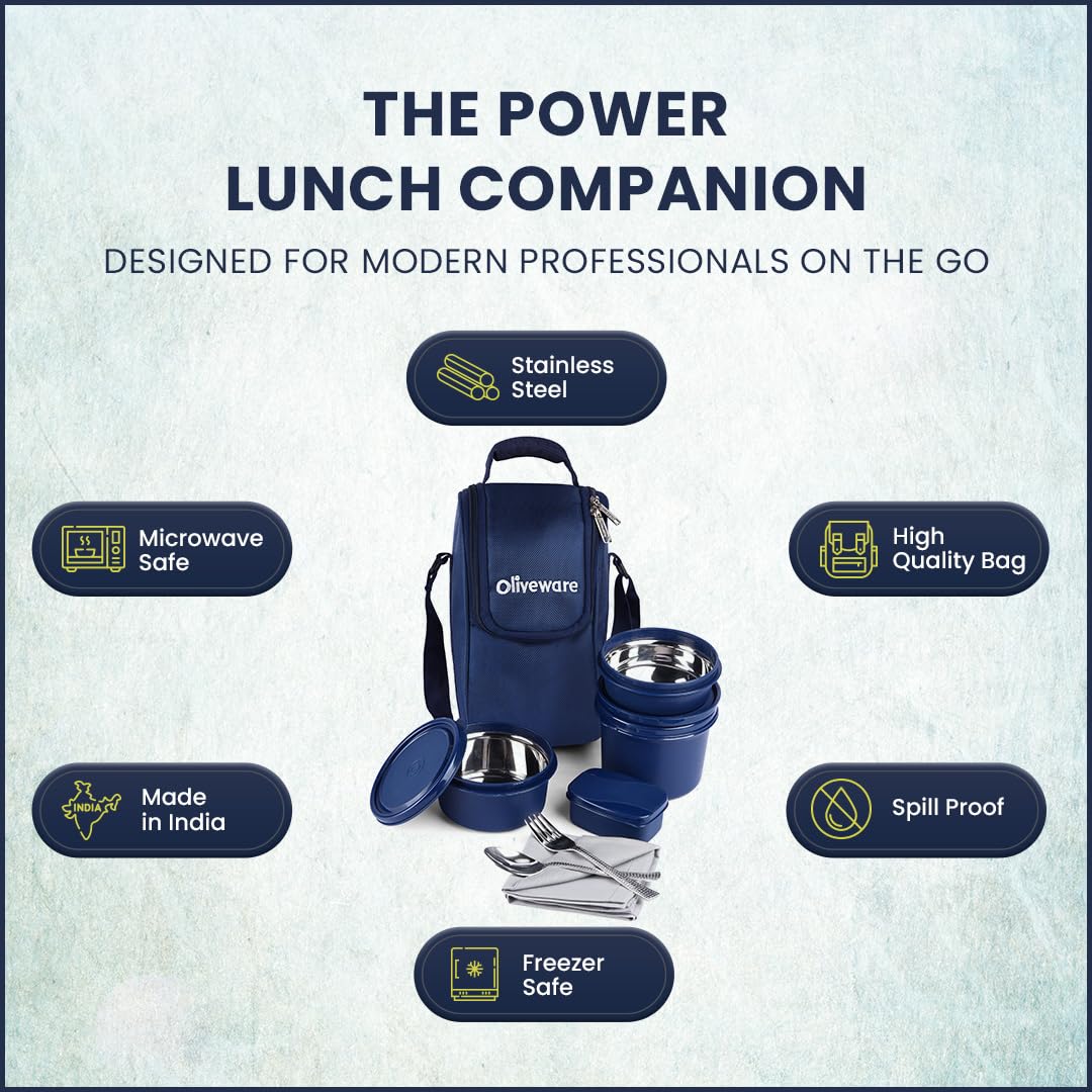 SOPL-OLIVEWARE Executive Lunch Box Series, Microwave Safe & Leak Proof, 3 Inside Steel Container with BPA Free Airtight Lid (290ml, 450ml & 600ml), Plastic Pickle Box (130ml), Steel Cutlery - Blue