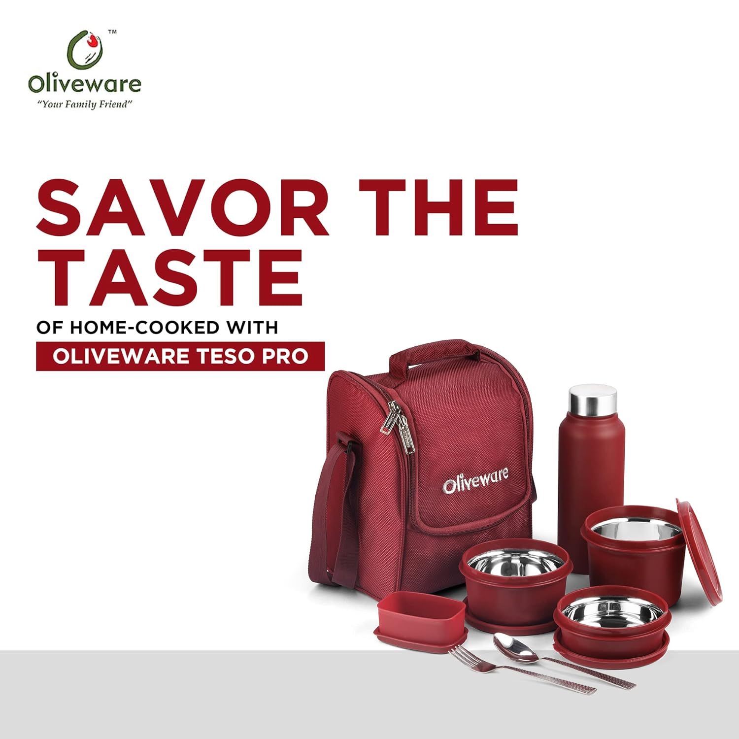 SOPL-OLIVEWARE Teso Pro Lunch Box With Steel Cutlery,3 Microwave Safe Inner Steel Containers With Bpa Free Lids(290Ml,450Ml,600Ml)Plastic Pickle Box(130Ml)Steel Water Bottle(750Ml)-Maroon,600 Ml
