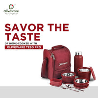 SOPL-OLIVEWARE Teso Pro Lunch Box With Steel Cutlery,3 Microwave Safe Inner Steel Containers With Bpa Free Lids(290Ml,450Ml,600Ml)Plastic Pickle Box(130Ml)Steel Water Bottle(750Ml)-Maroon,600 Ml