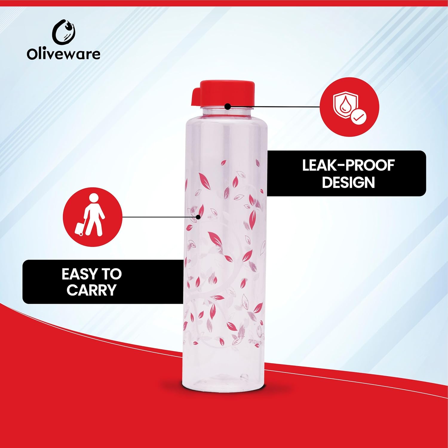 oliveware Elegant Range Premium PET Water Bottle With Better Grip, BPA Free & 100% Leak Proof, 1 Litre Bottle, For Home & Office Use, Pack of 6 - Red