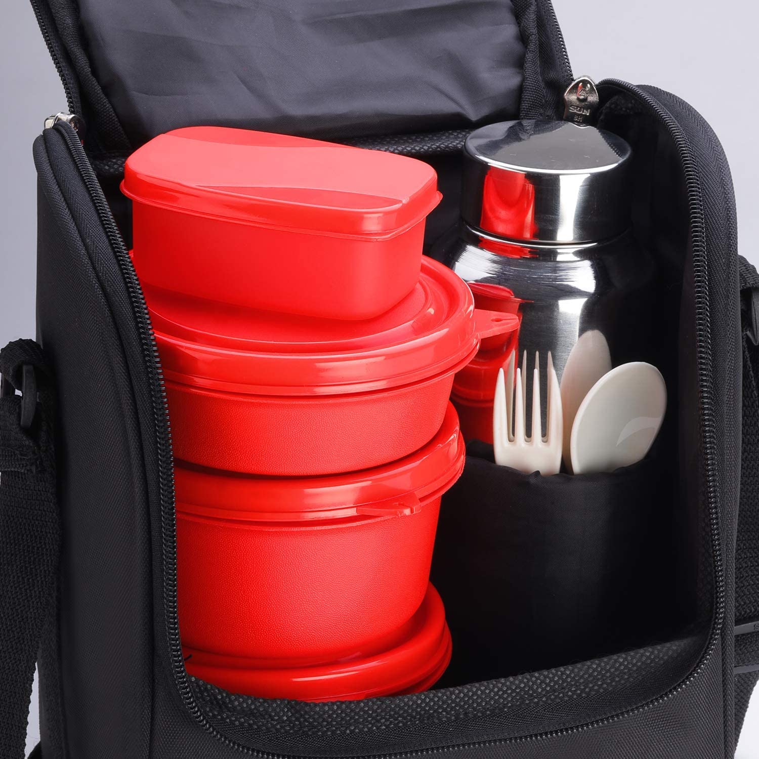 SOPL-OLIVEWARE Teso Lunch Box with Plastic Cutlery, 3 Microwave Safe Inner Steel Containers with BPA Free Lids(290ml, 450ml & 600ml), Plastic Pickle Box (130ml), Steel Water Bottle(750ml) - Red