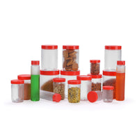 oliveware Honeycomb Range Kitchen Container, Air Tight Storage with Fridge Bottles, BPA Free, Set of 18 (15 Boxes + 3 Water Bottles) - Red