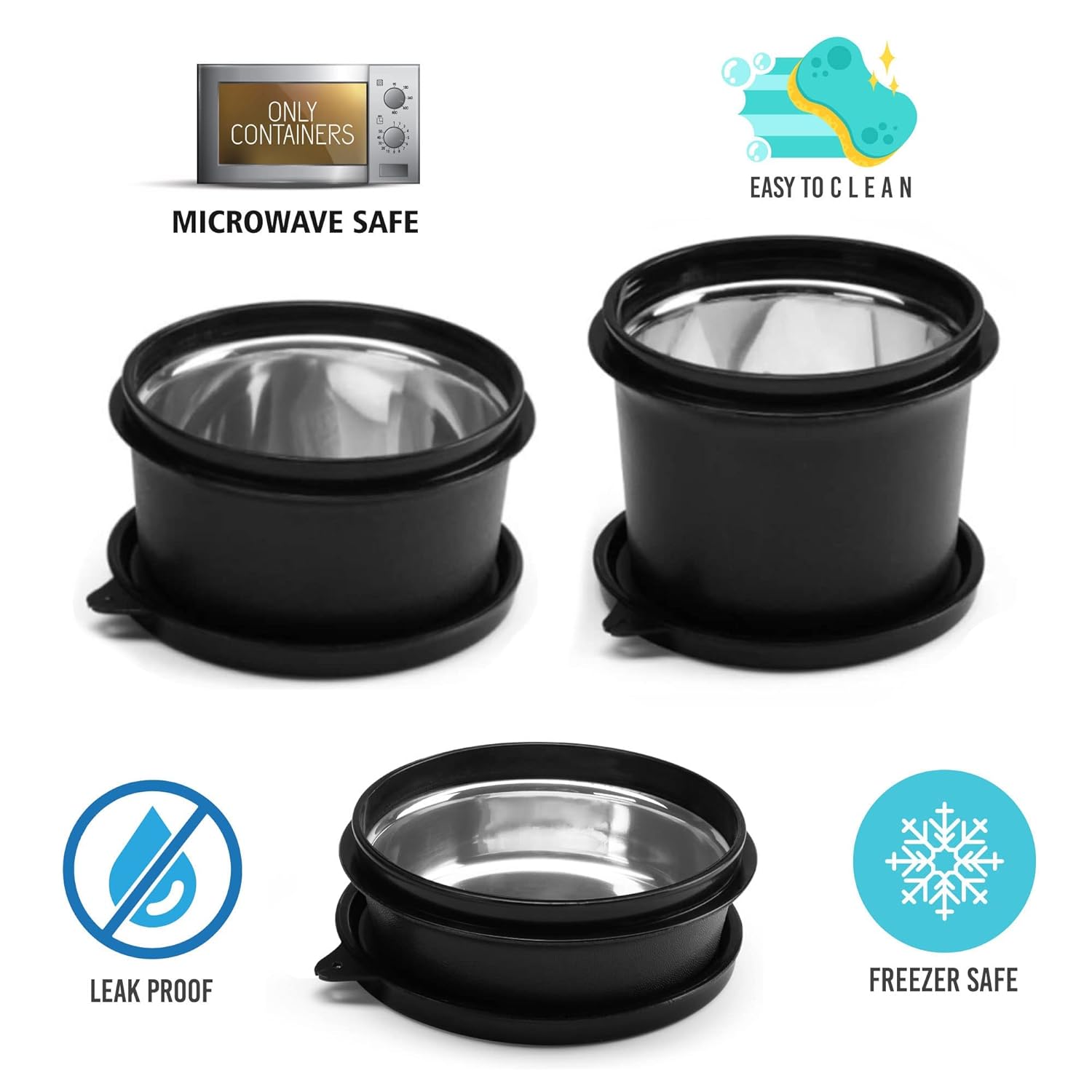 oliveware with Device Benny Microwave Containers with BPA Free Airtight Lid, Leak Proof, 3 Inner Steel Container (290 ml, 450 ml & 600 ml), Home & Office Use - Black, Plastic