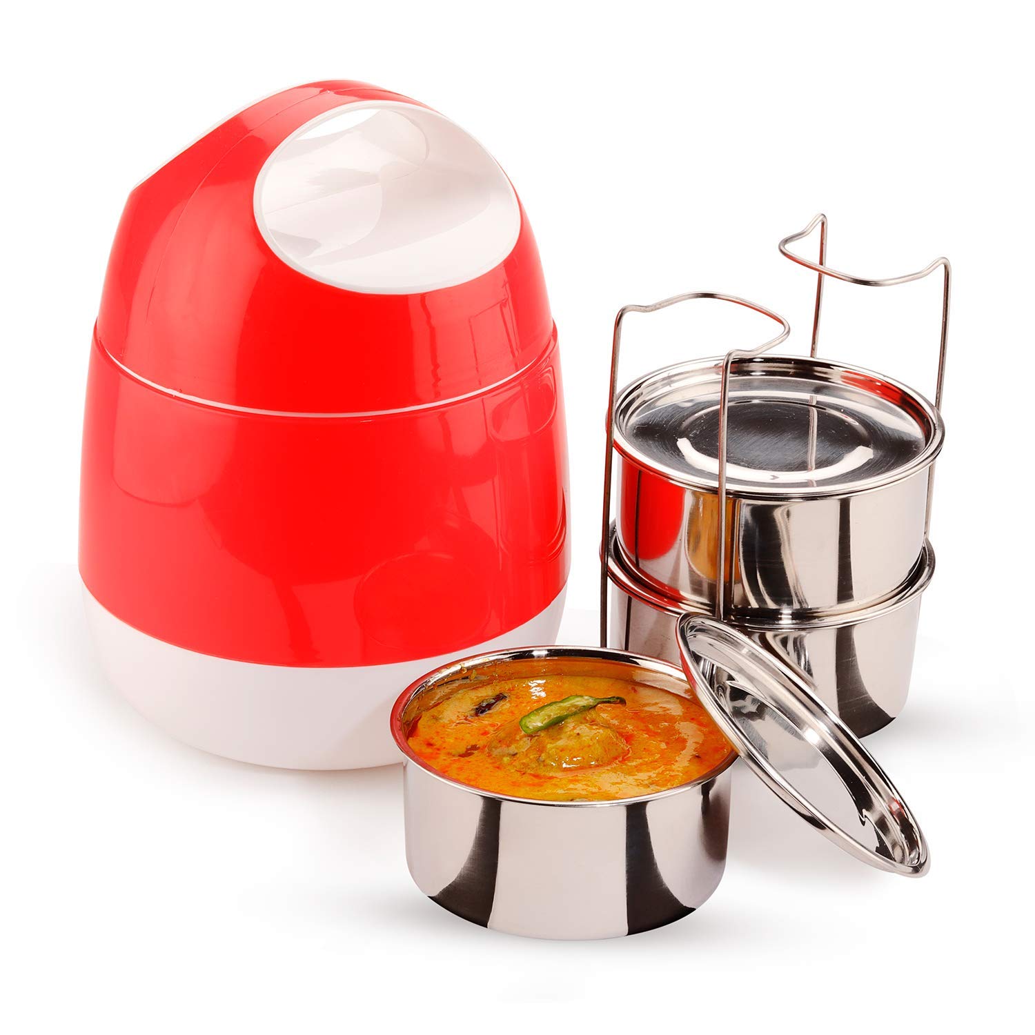 oliveware SOPL (Logo) with Device Marvel Lunch Box with Insulated Box, 3 Stainless Steel Containers 300ml Each, Leak Proof & Sturdy - Cherry