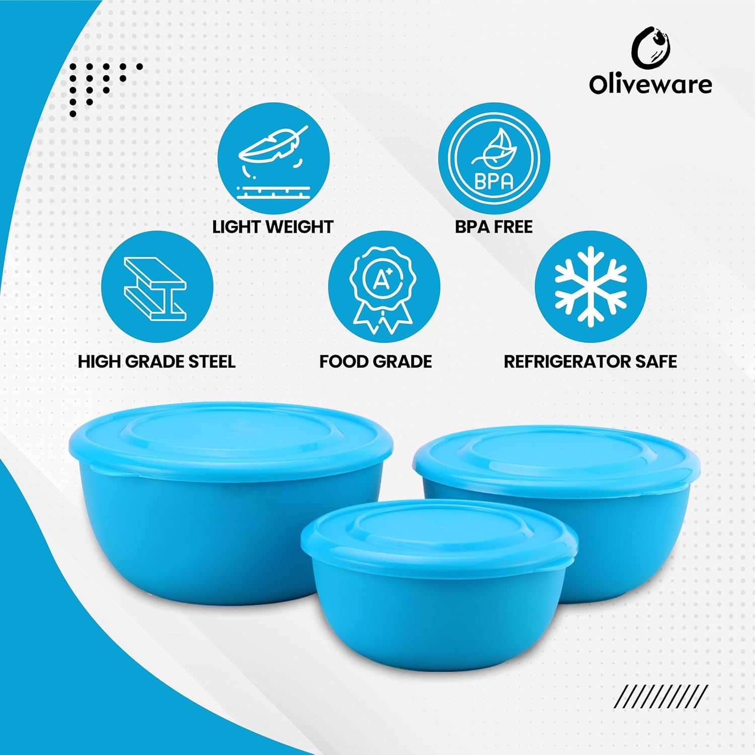 SOPL-OLIVEWARE Tulip Storage Containers, Microwave Safe & Leak Proof, Store & Serve, 3 Stainless Steel Containers with BPA Free Airtight Lid (500ml,800ml & 1250) - Blue