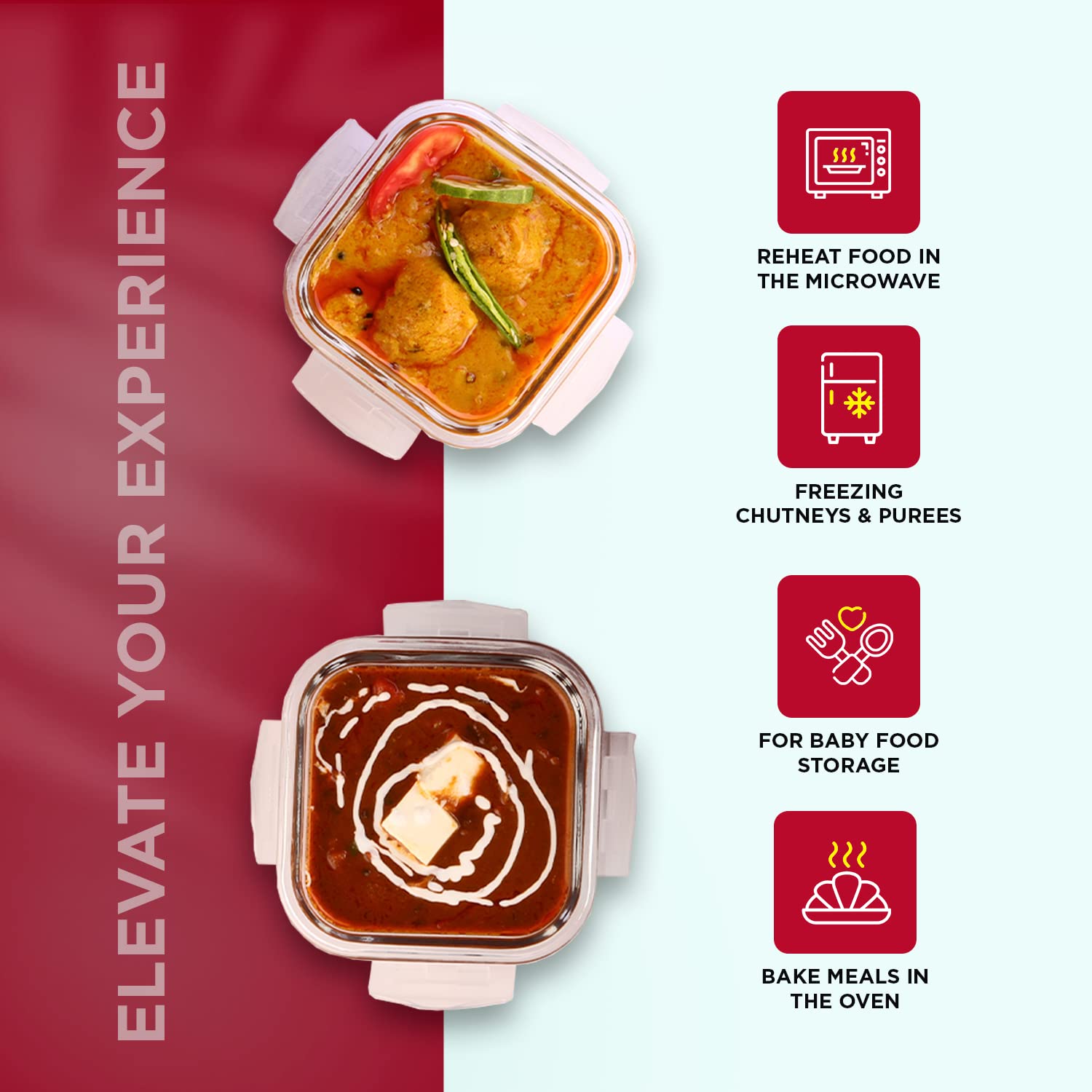 SOPL-OLIVEWARE Deluxe Glassware Lunchbox, Borosilicate Glass, Microwave & Freezer Safe, 2 containers with BPA Free Airtight Lids (320ml) - Red