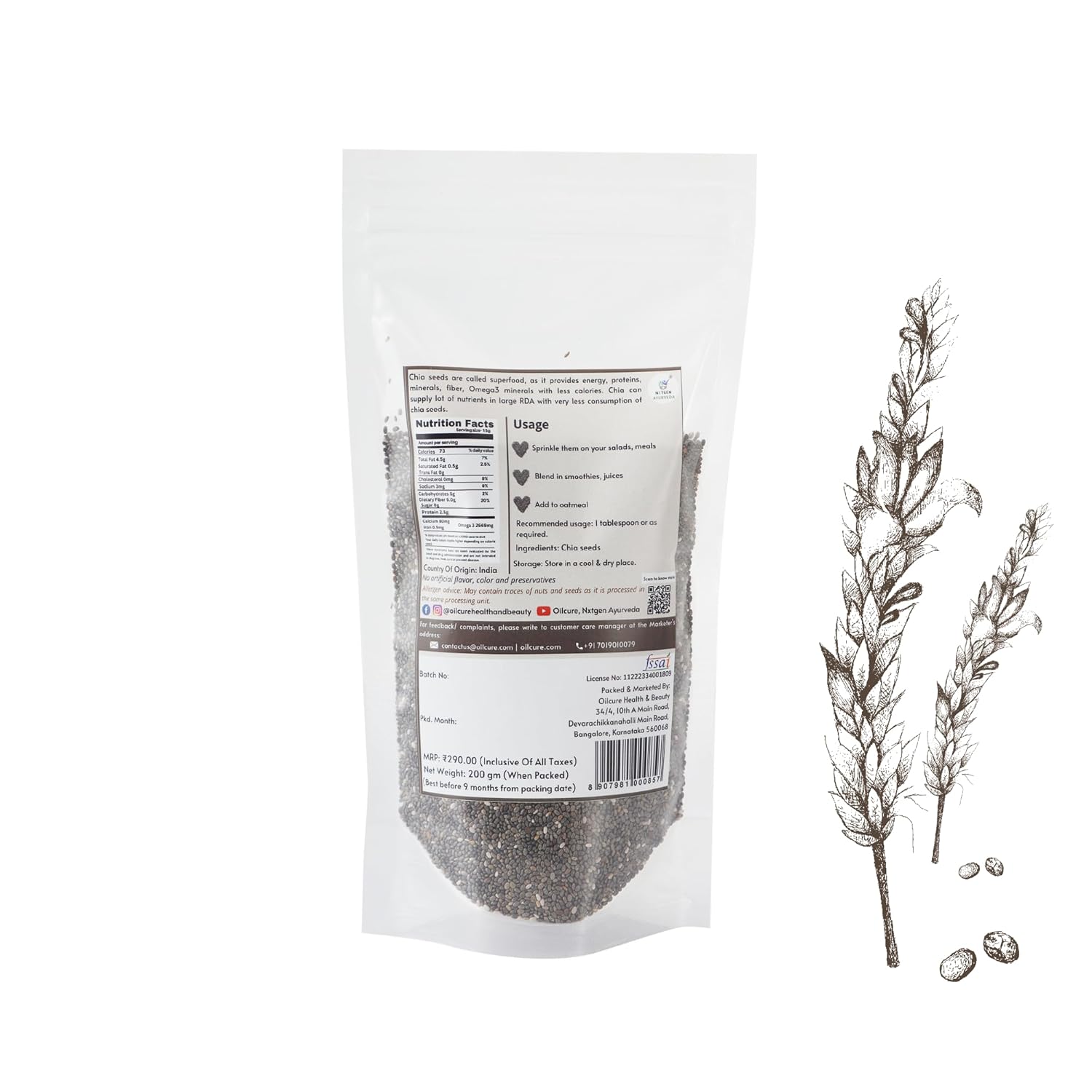 Nxtgen Ayurveda Chia Seeds | 200g | Omega-3 | For Weight Loss