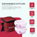 SOPL-OLIVEWARE Feast Glassware Square Lunchbox, Borosilicate Glass Containers, Microwave Safe & Leak Proof, 2 Containers with BPA Free Lids (320ml) Each - Red