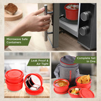 SOPL-OLIVEWARE Monarch Lunch Box, Microwave Safe & Leak Proof, 3 Inside Steel Containers with BPA Free Airtight Lids (290ml, 450ml & 450ml), Fabric Bag - Red