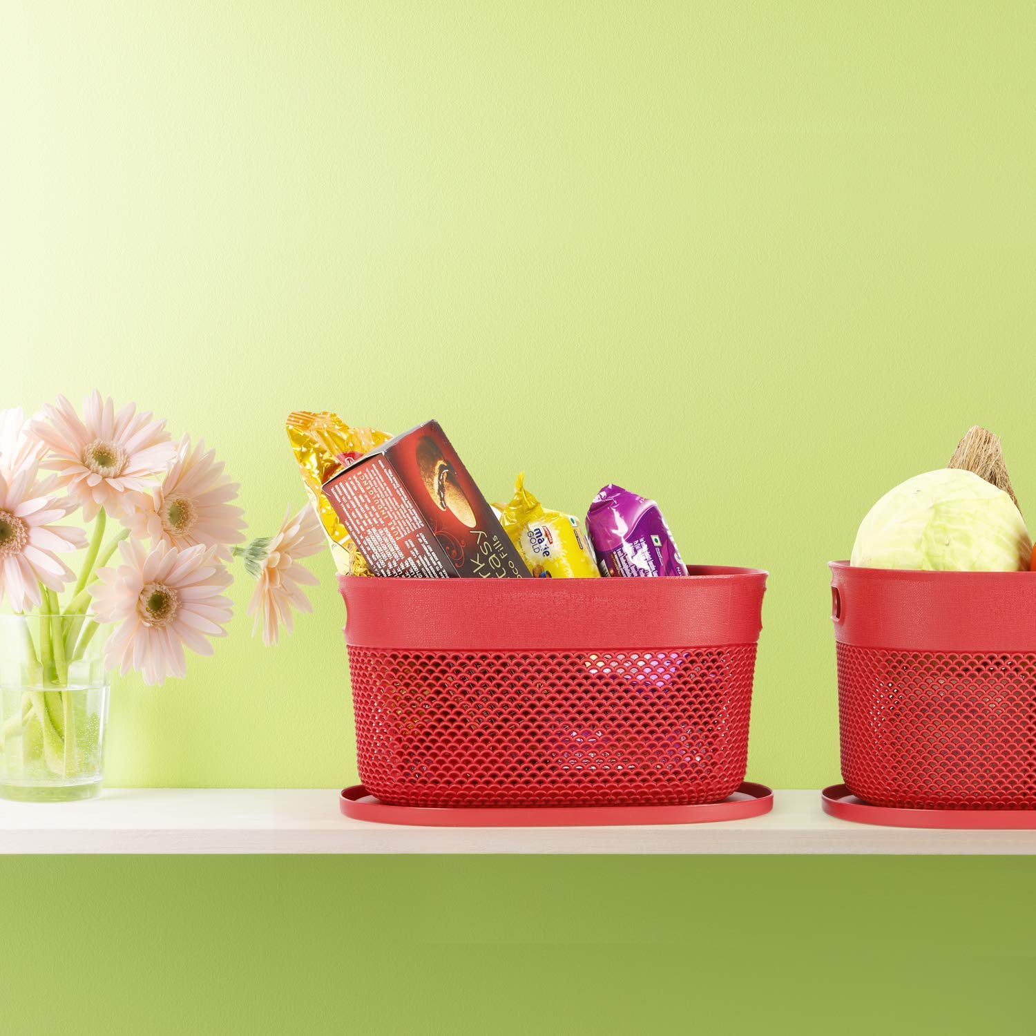 Oliveware Bingo Basket Stackable Storage Organiser With Lids For Clothes & Toys, BPA Free, Set of 2 Big - 5.2L(Maroon)