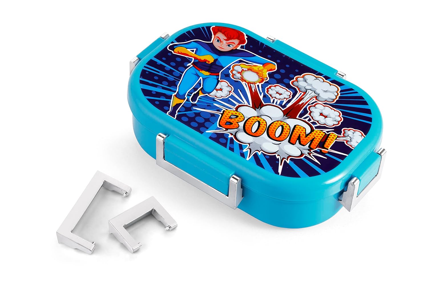 Oliveware Snacky Kids Lunch Box, Stainless Steel in 700ml Include Sabzi Container(180ml) & Steel Spoon, Food Grade BPA Free, Leak Proof & Colourful Designs (Blue)