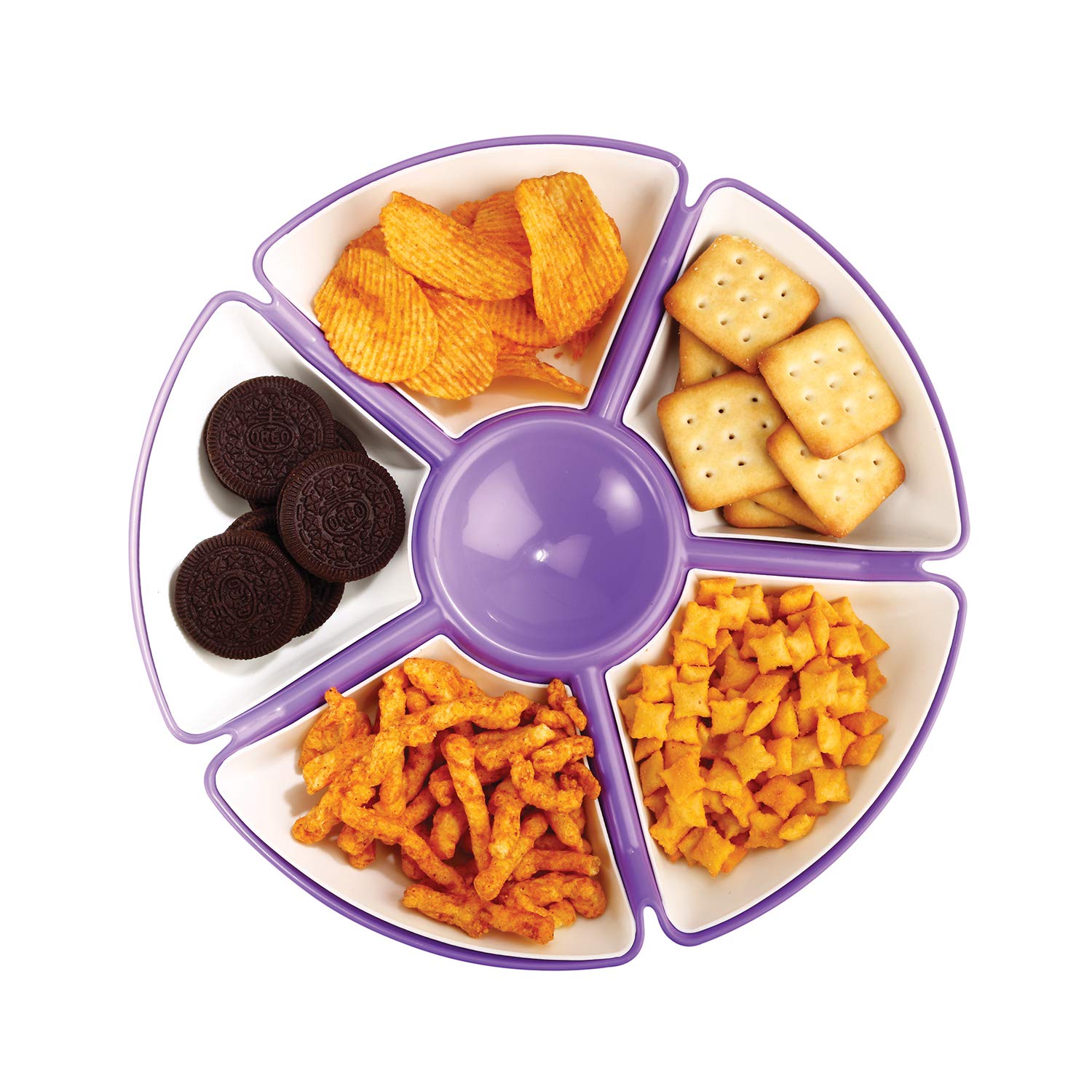 Oliveware Flower Snack Container with 5 Compartments | Storage & Serving Snacks, Dry Fruits, Biscuits, Candy | Hard Plastic | Multi Purpose - Violet