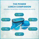 oliveware Double Decker Lunch Box Tiffin, 3 Containers with Plastic Spoon & Fork (300ml, 300ml & 450ml), 100% Leak Proof & BPA Free - Blue
