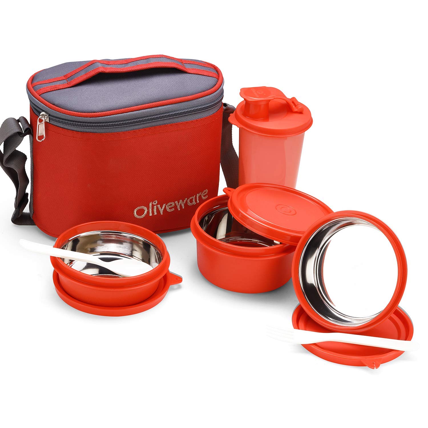 oliveware Groove Lunch Box, Microwave Safe and Leak Proof, 3 Inner Steel Containers with BPA Free Airtight Lid (2 * 290ml & 450ml), Plastic Tumbler (450ml), Plastic Cutlery - Red