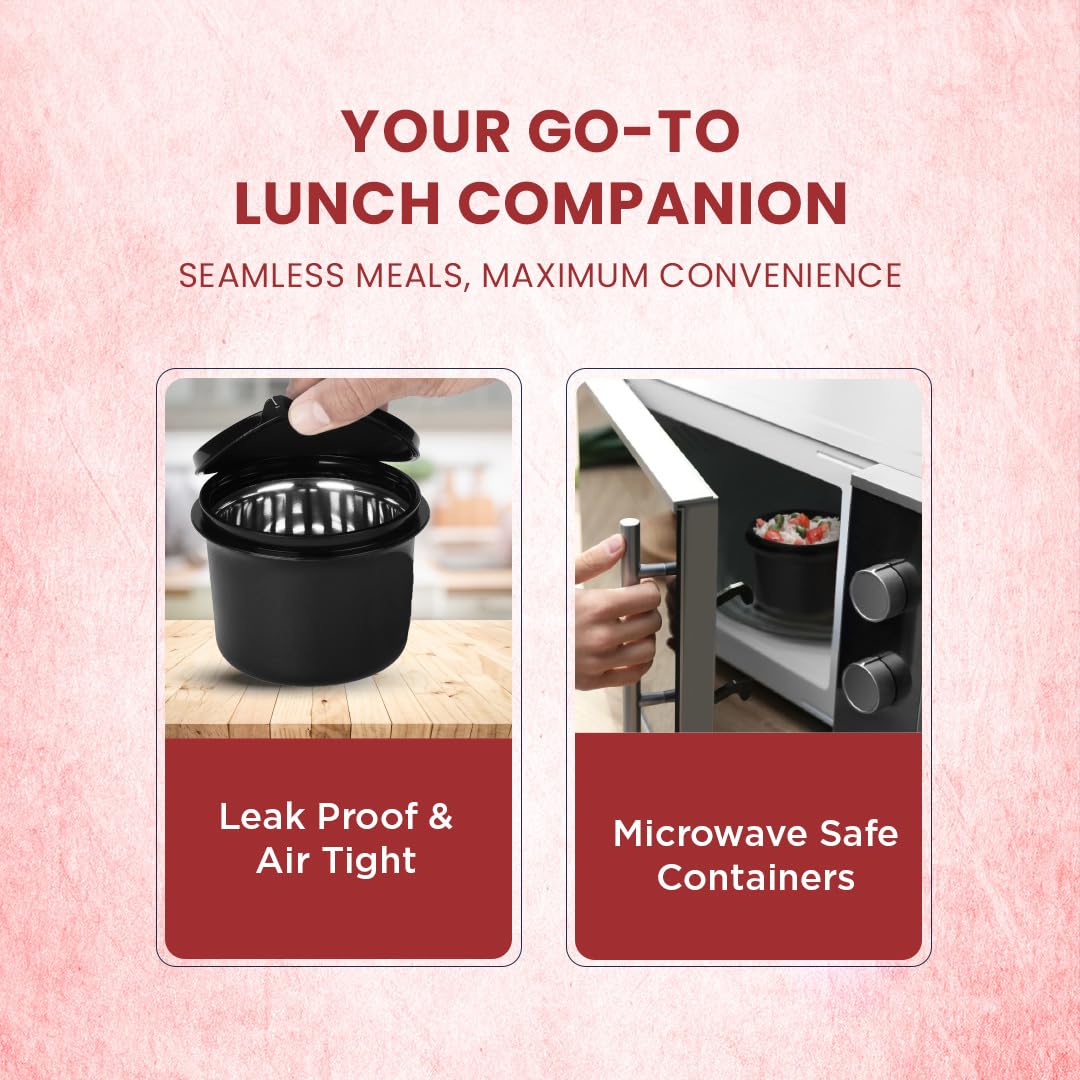 SOPL-OLIVEWARE Hazel Lunch Box, Leak Proof & Microwave Safe, 3 Stainless Steel Containers (450ml, 450ml, 550ml), Insulated Fabric Bag, Full Meal & Easy to Carry (Red)