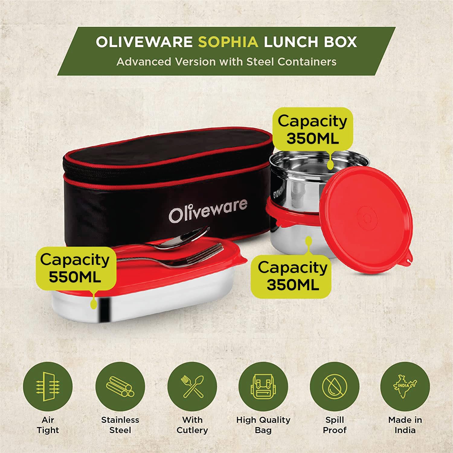 SOPL-OLIVEWARE Sophia Lunch Box, Spoon & Fork, 100% Leak Proof, 3 Stainless Steel Container with BPA Free Lids (550ml, 350ml & 350ml), Fabric Bag - Red