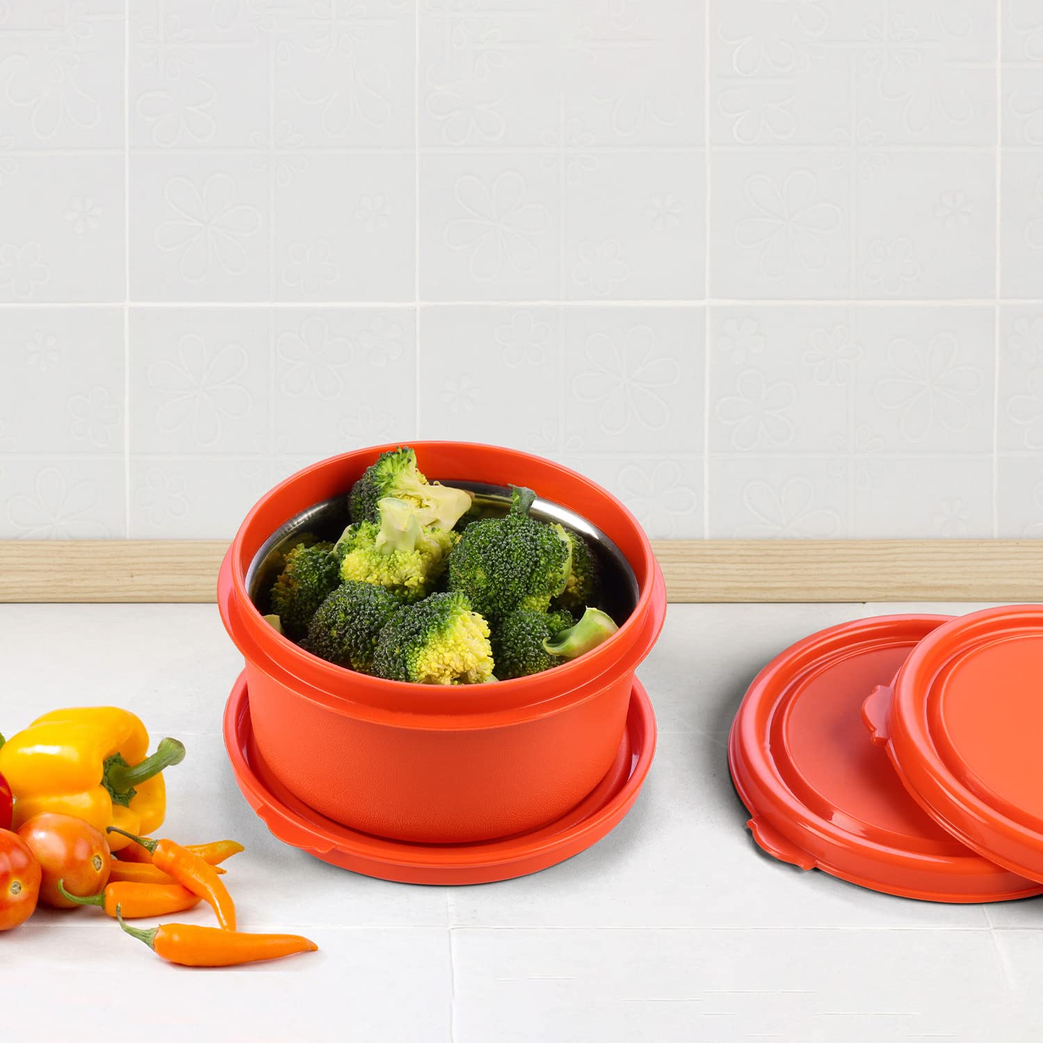 Oliveware Air Tight Lids for Benny Container | Set of 3 | Spill Proof | Leak Proof | For 290ml, 450ml, 600ml | Dishwasher & Freezer Safe (Orange)