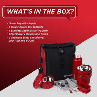 SOPL-OLIVEWARE Teso Elite Pro Lunch Box with Steel Cutlery, BPA Free Lids,Microwave Safe,Inside Steel Containers(290ml, 450ml & 600ml),Plastic Pickle Box (130ml),Steel Water Bottle(750ml) -Mahroon