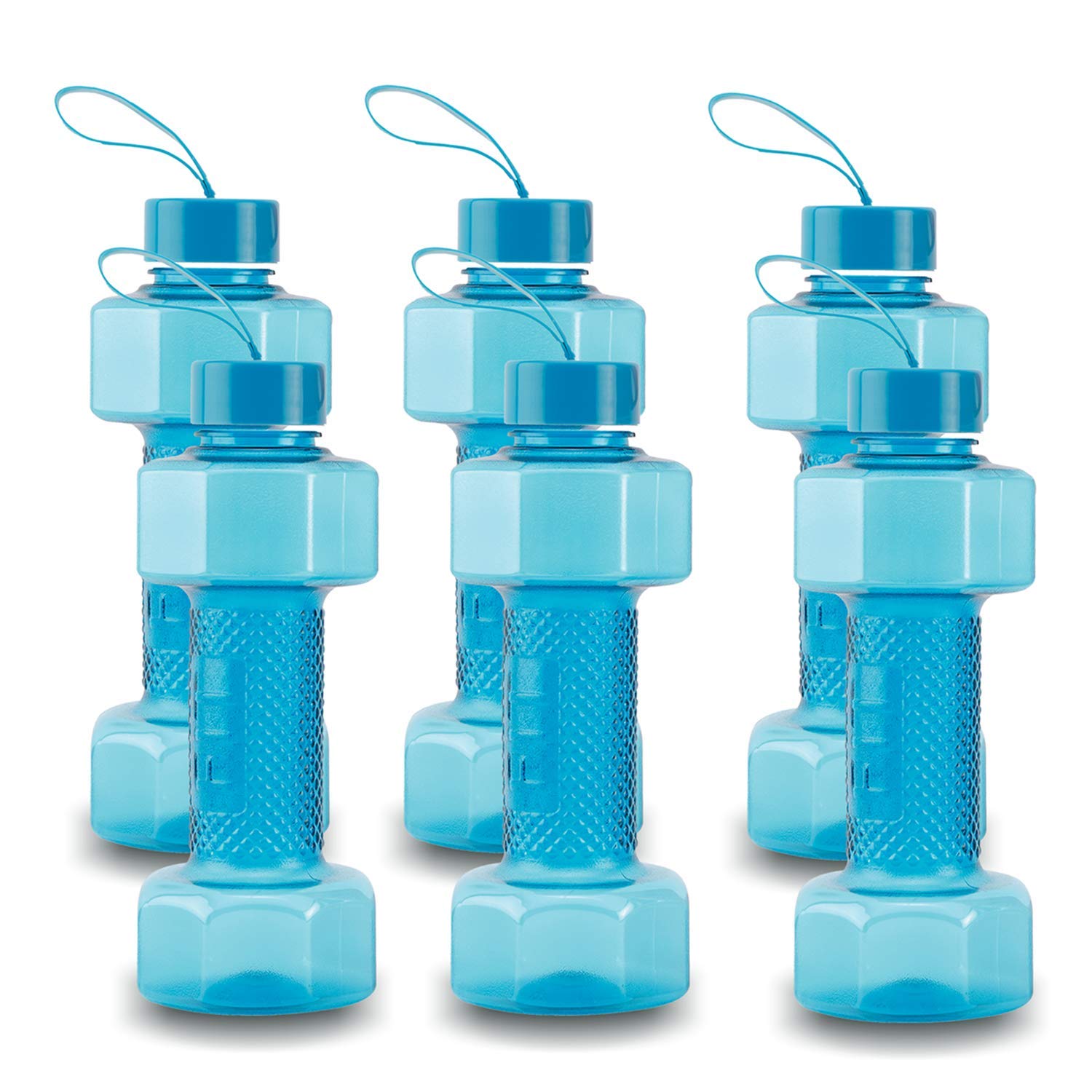 oliveware Plastic Dumbbell Water Bottle With Carry Strap, 750ml, Set of 6, Blue