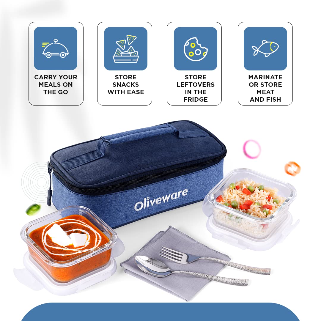 SOPL-OLIVEWARE Exotica Glass Lunch Box, Microwave Safe, Borosilicate Glass Containers with Cutlery + Napkin, Full Meal & Easy to Carry, Set of 2 (320ml)- Blue