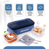 SOPL-OLIVEWARE Exotica Glass Lunch Box, Microwave Safe, Borosilicate Glass Containers with Cutlery + Napkin, Full Meal & Easy to Carry, Set of 2 (320ml)- Blue