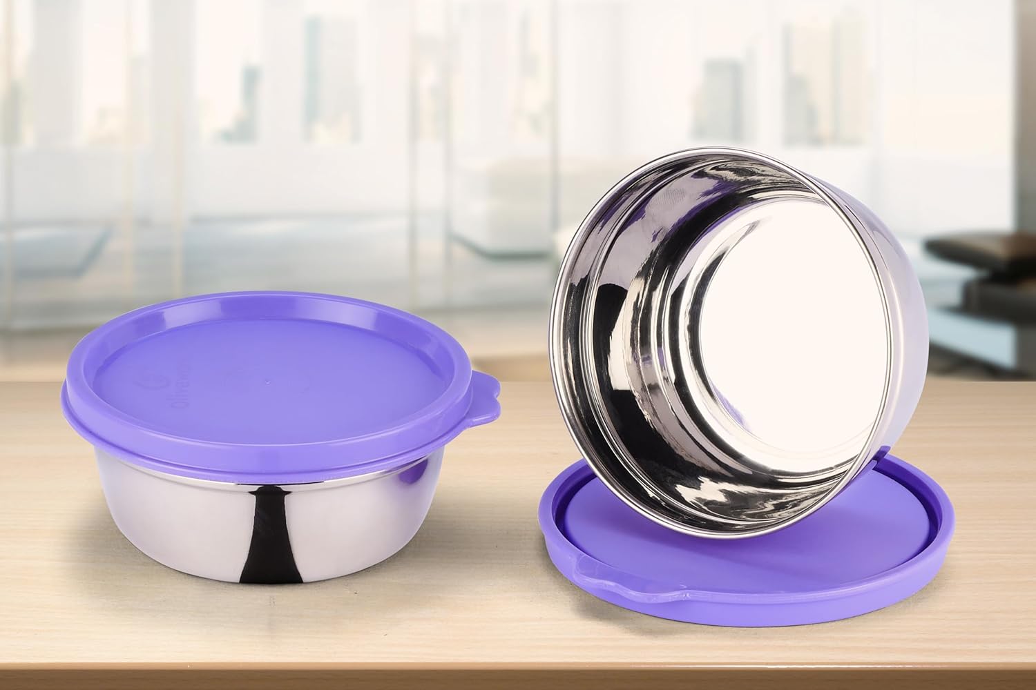 oliveware Elegant Storage Containers, 100% Leak Proof & Spill Proof, 2 Stainless Steel Containers with BPA free Airtight Lid (250 ml Each) - Voilet