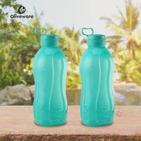 oliveware Jumbo 2 Litre Water Bottle, 100% Leak Proof, BPA Free Premium Plastic Bottle, for Home, Office & Gym, Sturdy with Holder, Pack of 2 (Blue)