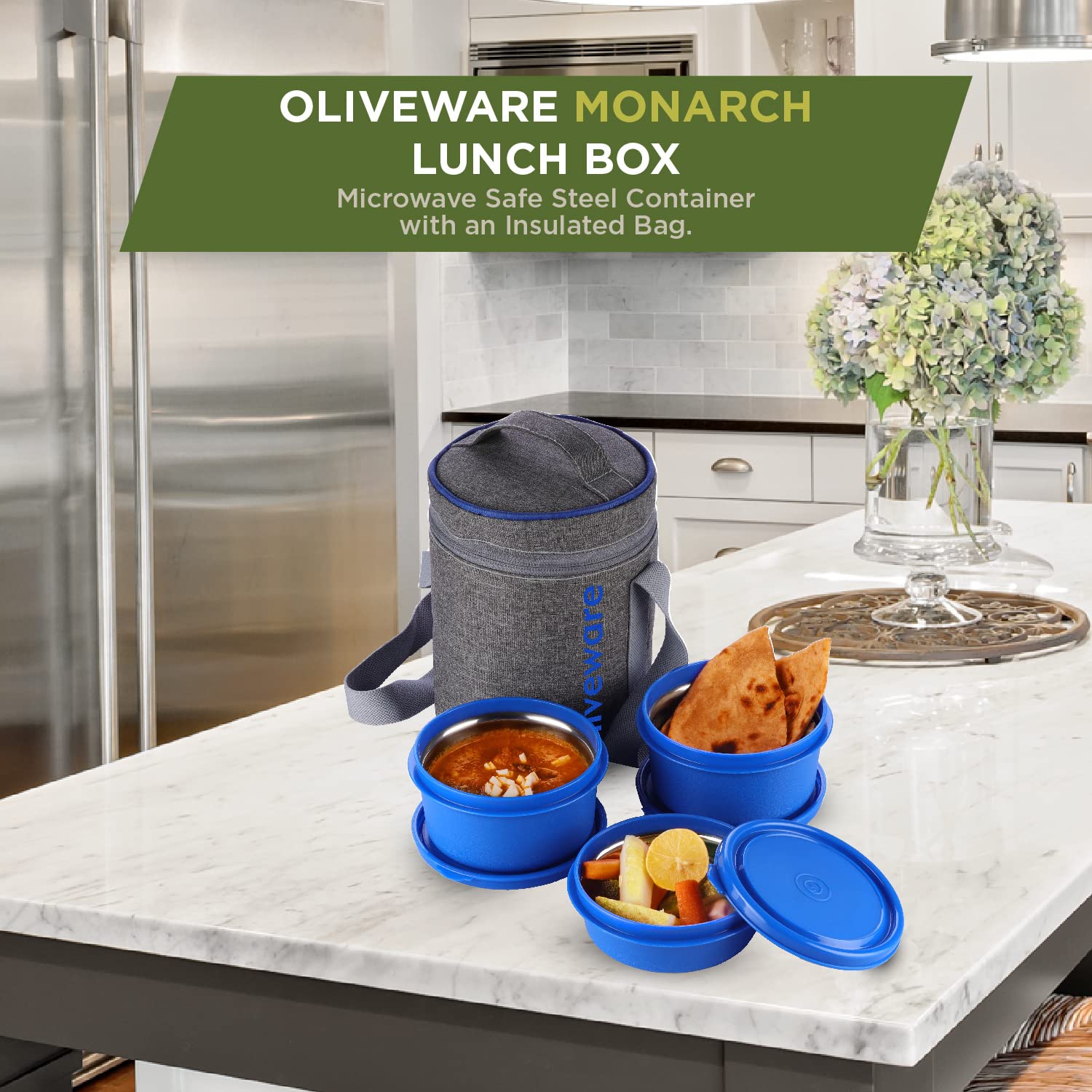 SOPL-OLIVEWARE Monarch Lunch Box with Bag, Microwave Safe & Leak Proof, 3 Inside Steel Containers & BPA Free Airtight Lids (290ml, 450ml & 450ml), Fabric Bag - Blue