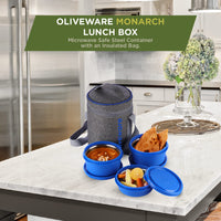 SOPL-OLIVEWARE Monarch Lunch Box with Bag, Microwave Safe & Leak Proof, 3 Inside Steel Containers & BPA Free Airtight Lids (290ml, 450ml & 450ml), Fabric Bag - Blue