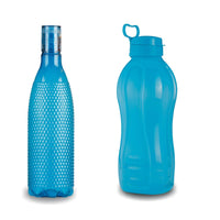 Oliveware Premium Plastic Water Bottle, 1000ML, 2L, Set of 2, Blue Mix