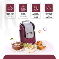 SOPL-OLIVEWARE Duke Glassware Lunchbox, Borosilicate Glass & Microwave Proof, Safety Lock Airtight Lid, 3 Container with 320ml Each - Red