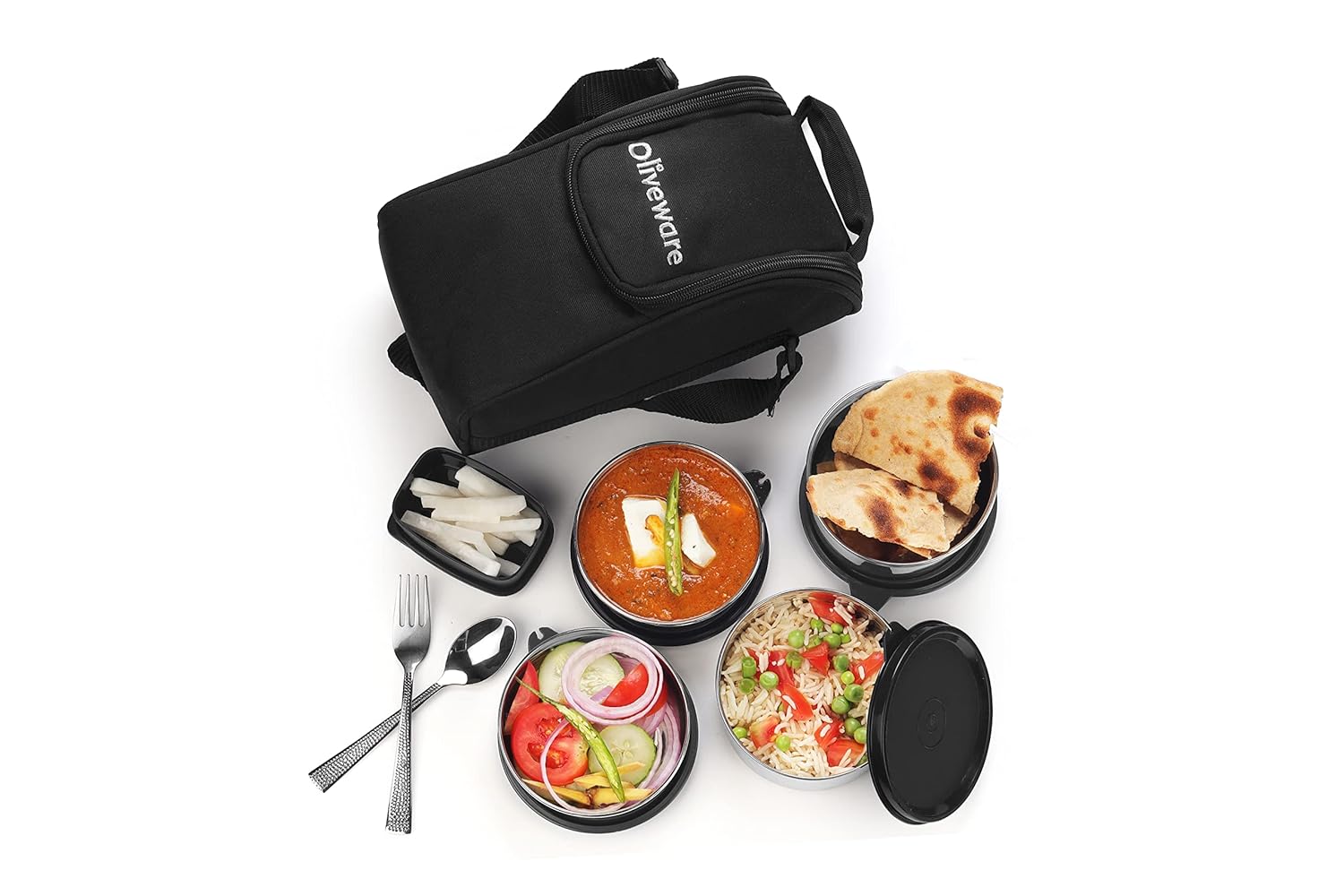 SOPL-OLIVEWARE Executive Lunch Box, 100% Leak Proof, 4 Stainless Steel Containers with BPA Free Lids (2x300ml & 2x600ml), Plastic Pickle Box (130ml), Steel Cutlery, Fabric Bag - Black