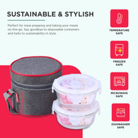 SOPL-OLIVEWARE Joy Glassware Round Lunchbox, Borosilicate Glass Containers, Microwave Safe & Leak Proof, 2 Containers with BPA Free Lids (400ml) Each - Red