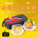 SOPL-OLIVEWARE Freshco Glassware Lunchbox, Borosilicate Glass & Microwave Proof, Safety Lock Airtight Lid, 2 Container with Steel Spoon (320ml) Each - Red