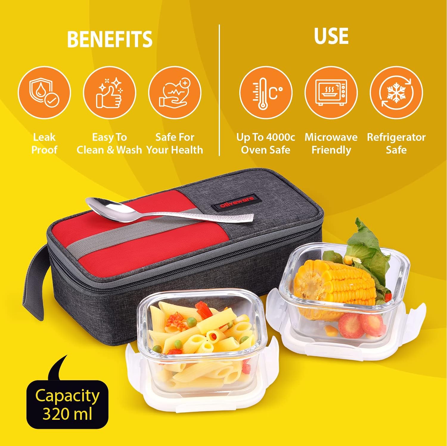 SOPL-OLIVEWARE Freshco Glassware Lunchbox, Borosilicate Glass & Microwave Proof, Safety Lock Airtight Lid, 2 Container with Steel Spoon (320ml) Each - Red