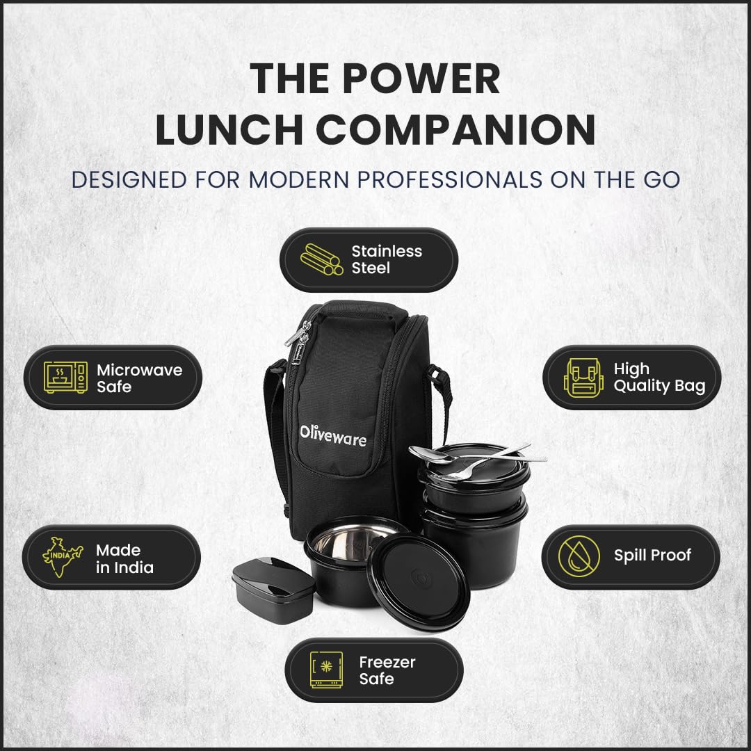 SOPL-OLIVEWARE Executive Pro Lunch Box, Microwave Safe, 3 Inner Steel Container With Bpa Free Lids (290Ml, 450Ml, 600Ml, Plastic Pickle Box (130Ml) & Steel Cutlery - Black, 290 Milliliter