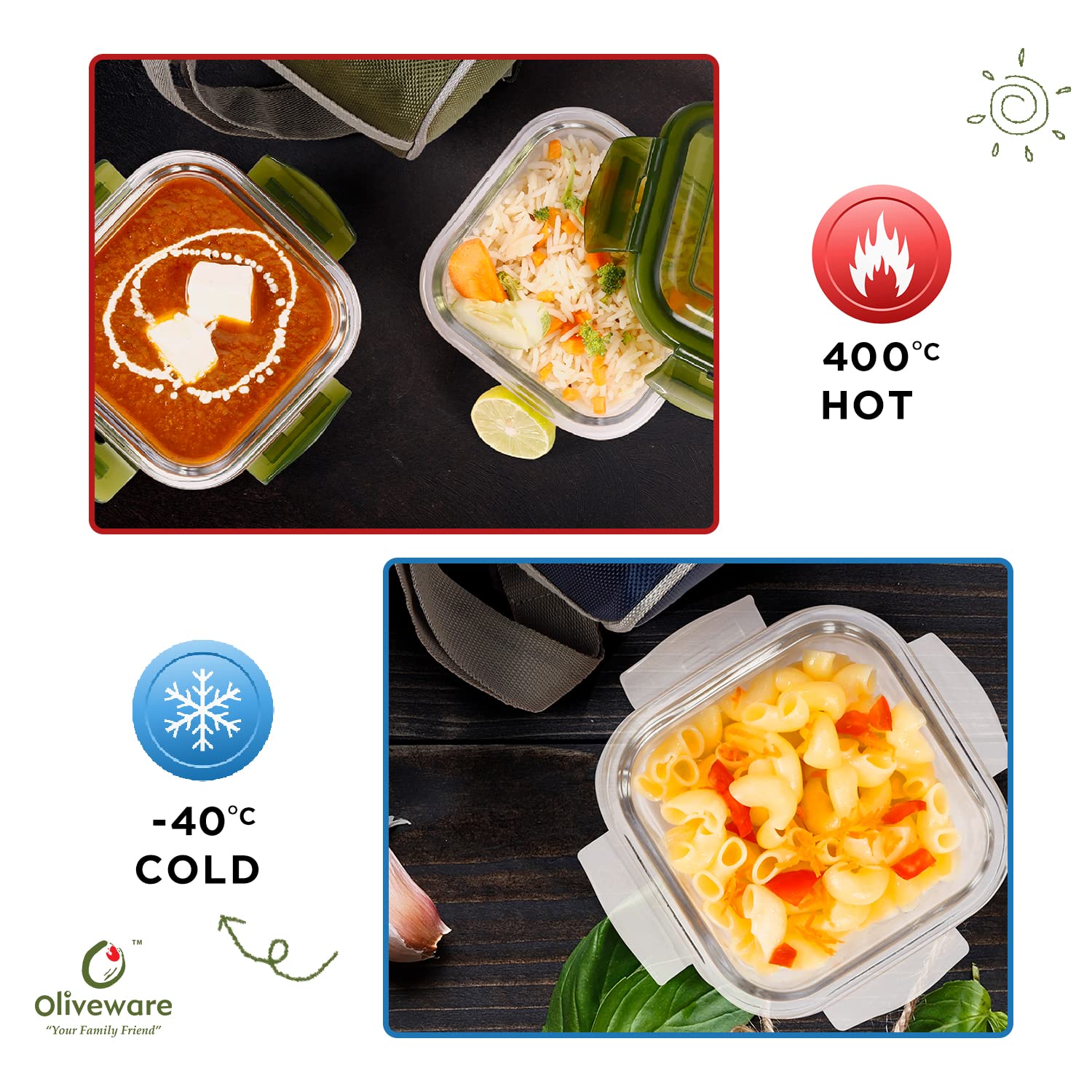 SOPL-OLIVEWARE Spyker Glassware Square Lunchbox, Borosilicate Glass Containers, Microwave Safe & Leak Proof, 3 Containers with BPA Free Lids (320ml) Each - Blue