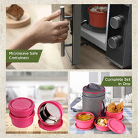 Oliveware Monarch Lunch Box, Microwave Safe & Leak Proof, 3 Inside Steel Containers with BPA Free Airtight Lids (290ml, 450ml & 450ml), Fabric Bag - Pink
